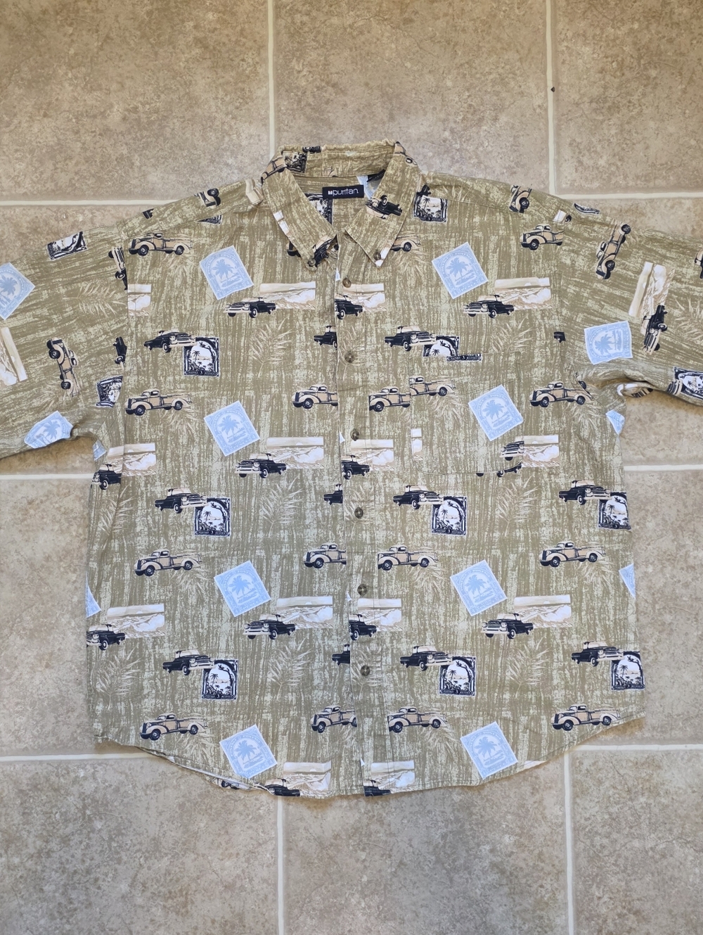 Vintage Puritan Car Print Button Up Shirt XL Retro Y2K